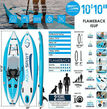 Aqua Spirit Flameback SUP Activity Inflatable Stand UP Paddle Board 2023 | 10'10”x39”x6” | Complete Kayak Conversion Kit with Fishing Rod Mounts, Paddle, Backpack, Pump and more accessories | Adult Beginners/Experts | 2 Year Warranty - Packed Direct UK